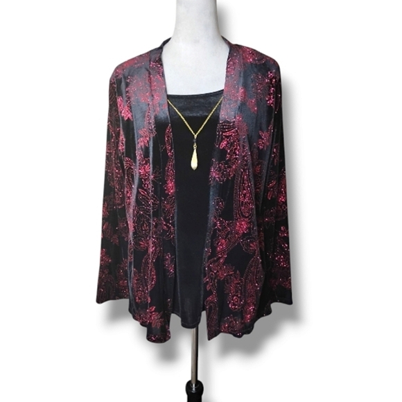 Burnout Velvet Twinset Top | Glitter Paisley | Jacket + Attached Tank | L - Picture 1 of 7